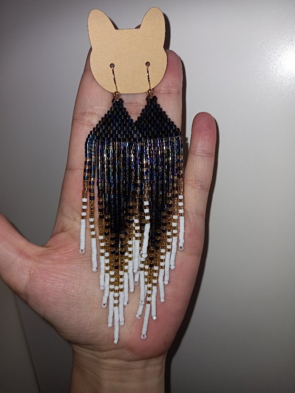 ✨ Long Iridescent Iris Gold White Beaded Fringe Earrings - Handmade Statement ✨
